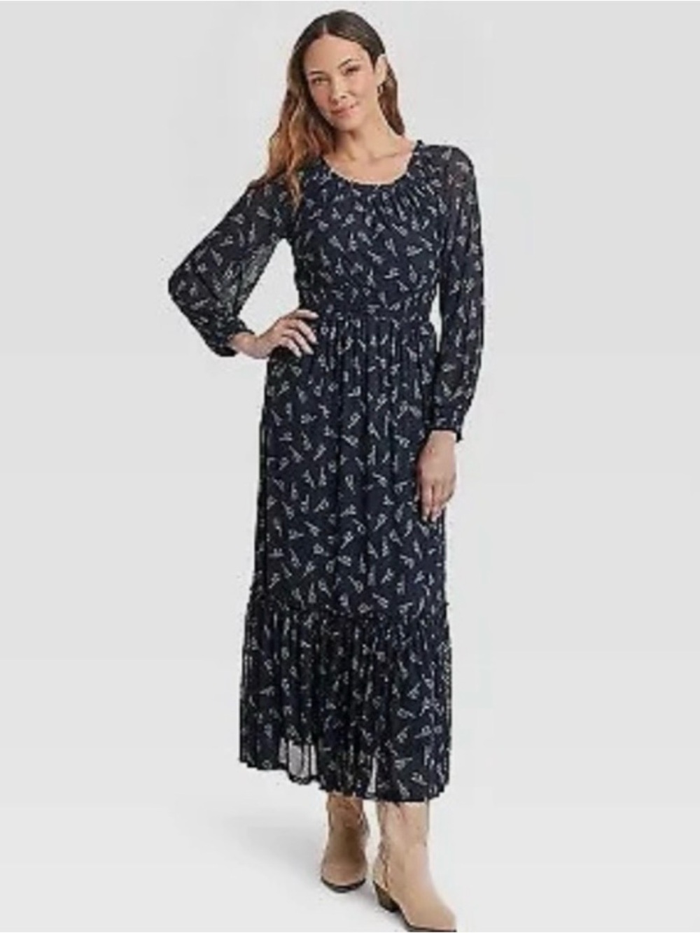 Knox Rose, Navy Blue With White Floral Maxi Dress, XXL Sheer Ruffle Sleeve Lined